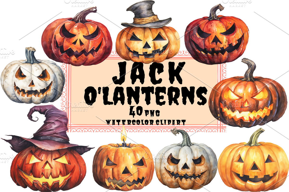 Jack-o-Lantern Collection Clipart, a Seasonal Illustration by Watercolor Digital (Photo 1 of 7)