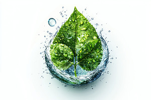 Fresh green leaf with water droplets encased in swirling splash, a Nature Photo by José Manuel Gelpi