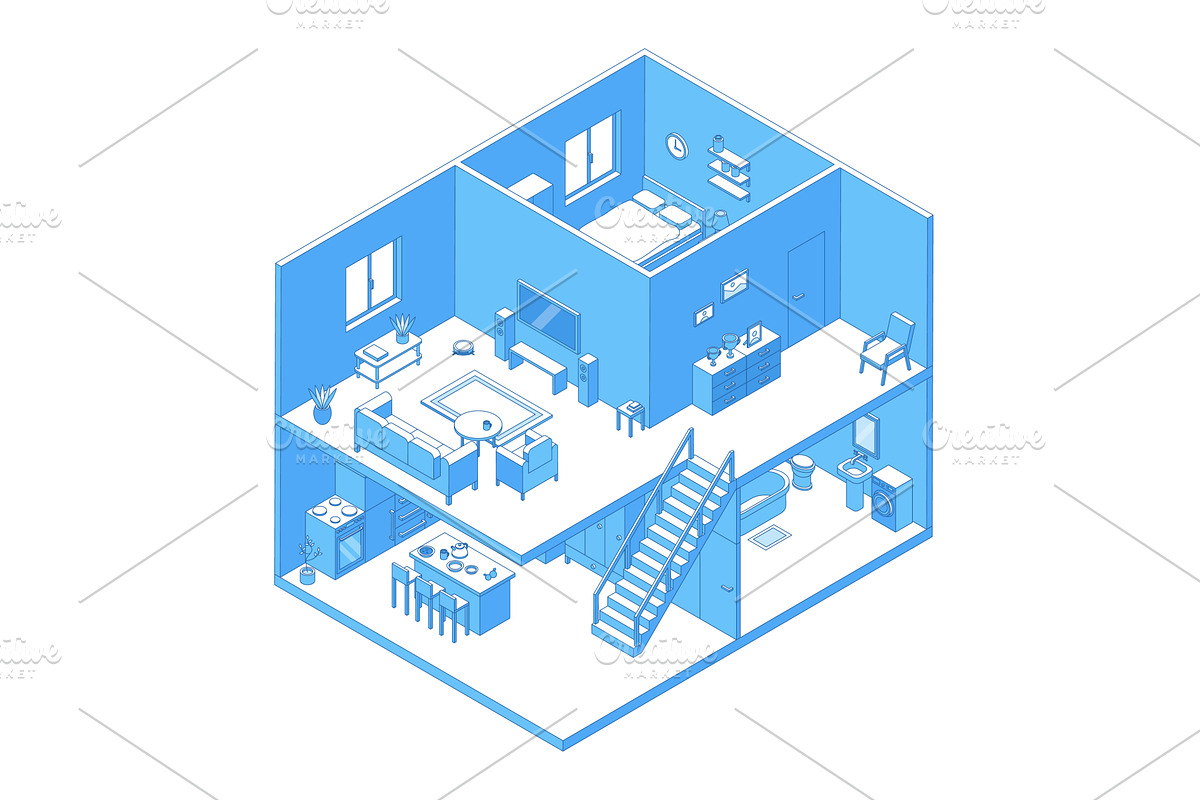 Isometric house interior. Two story, an Object Illustration by Valerie Bodnar