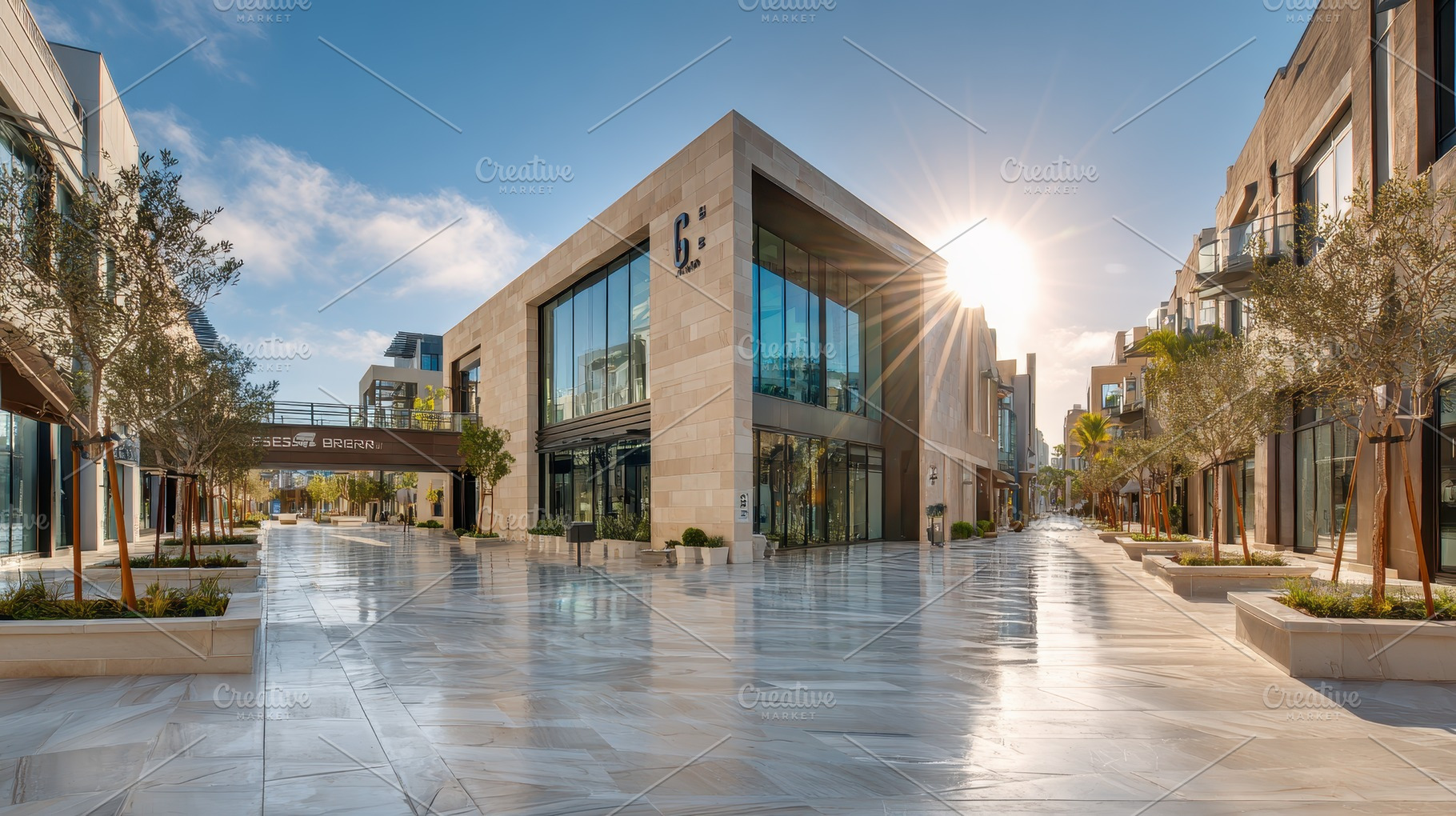 Modern shopping plaza sunlit walkway, a Photo by Pixeness Studio