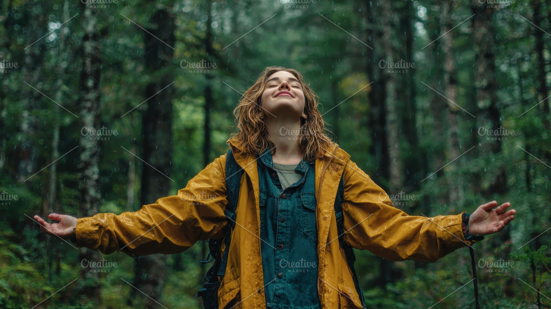Woman enjoys rain in forest wearing, a Photo by Pixeness Studio