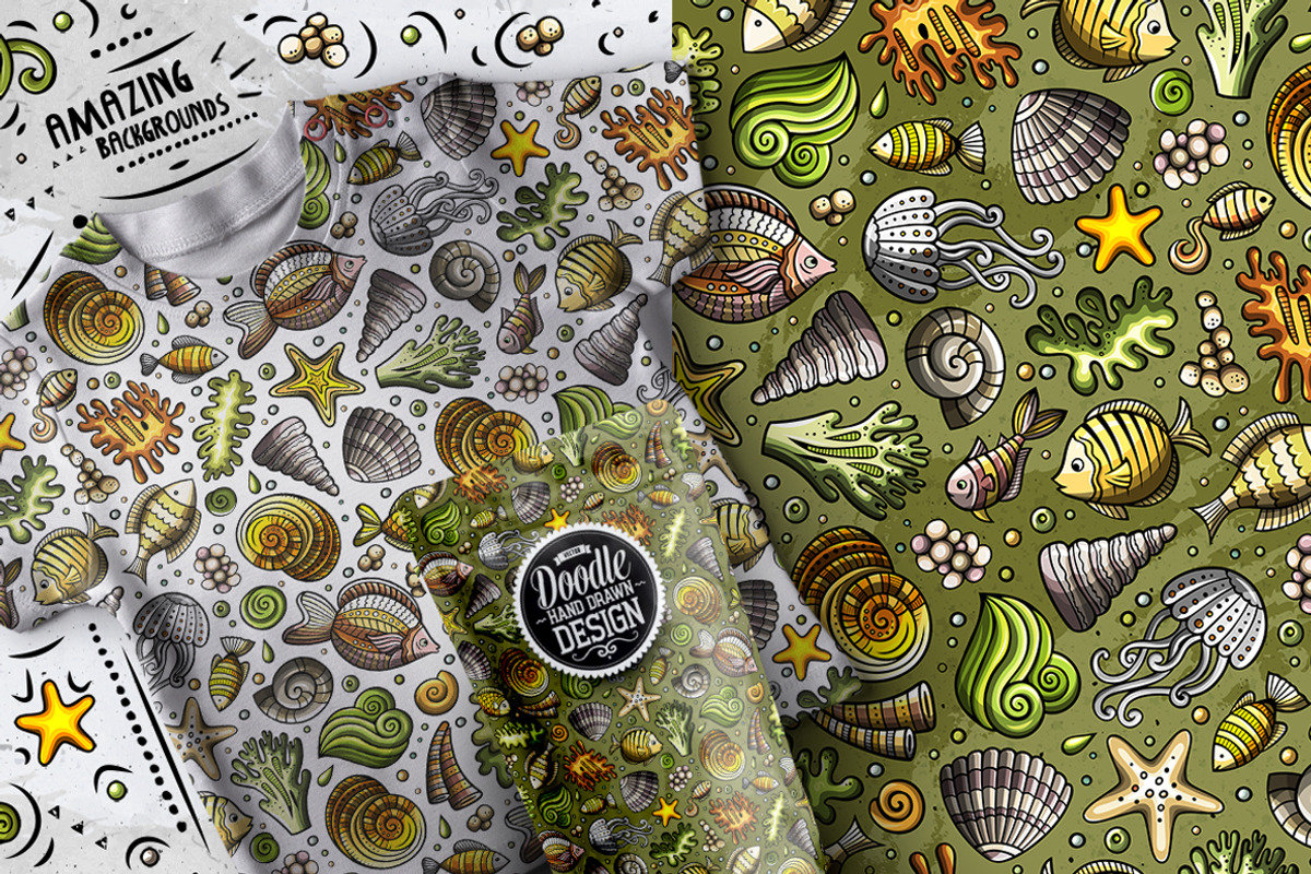 Sea Life Doodle Seamless Patterns, a Pattern Graphic by BALABOLKA (Photo 8 of 8)