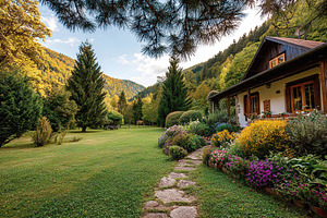 Charming country house amidst lush greenery and vibrant flowers in a serene lan, a Photo by AlyaAnd
