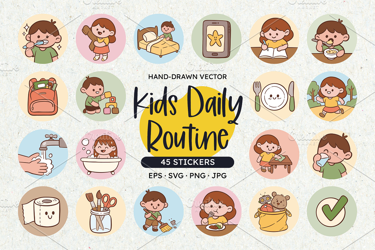 Kids Daily Routine Sticker Set, an Education Illustration by insemar (Photo 1 of 4)