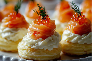 Elegant canapes with salmon, cream, a Food & Drink Photo by Lermont51