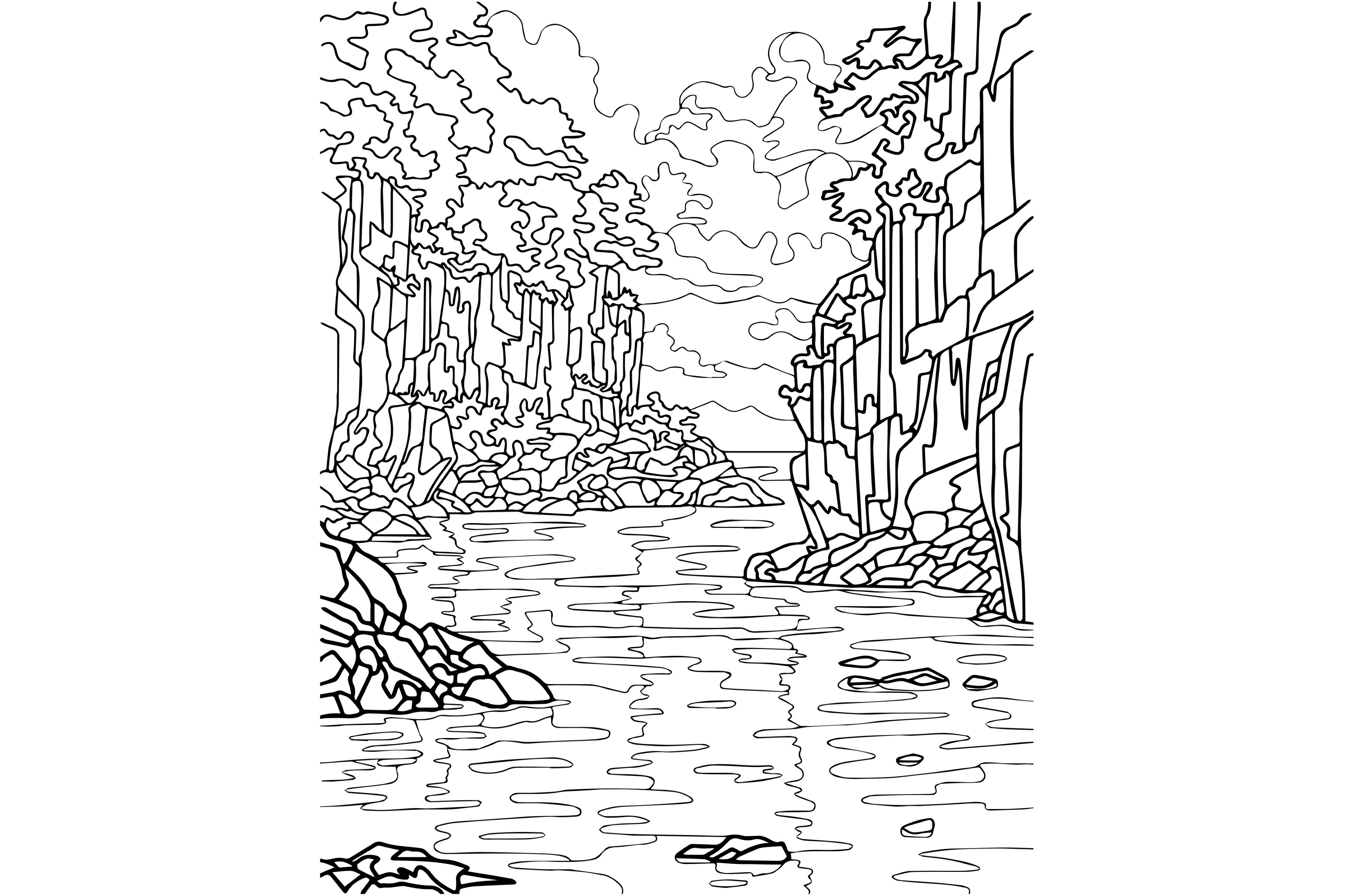 Coloring page, river and rocks, an Illustration by Canatic