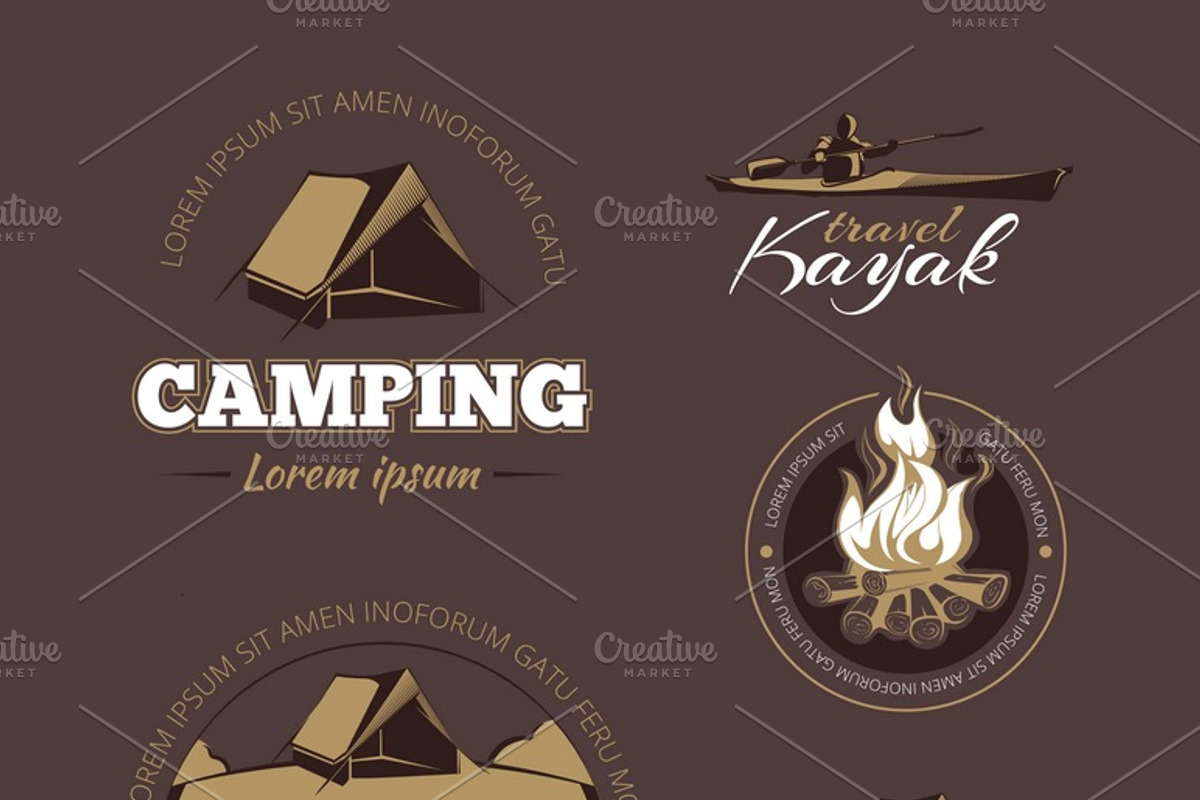 Vintage outdoor adventure labels set, an Illustration by Microvector