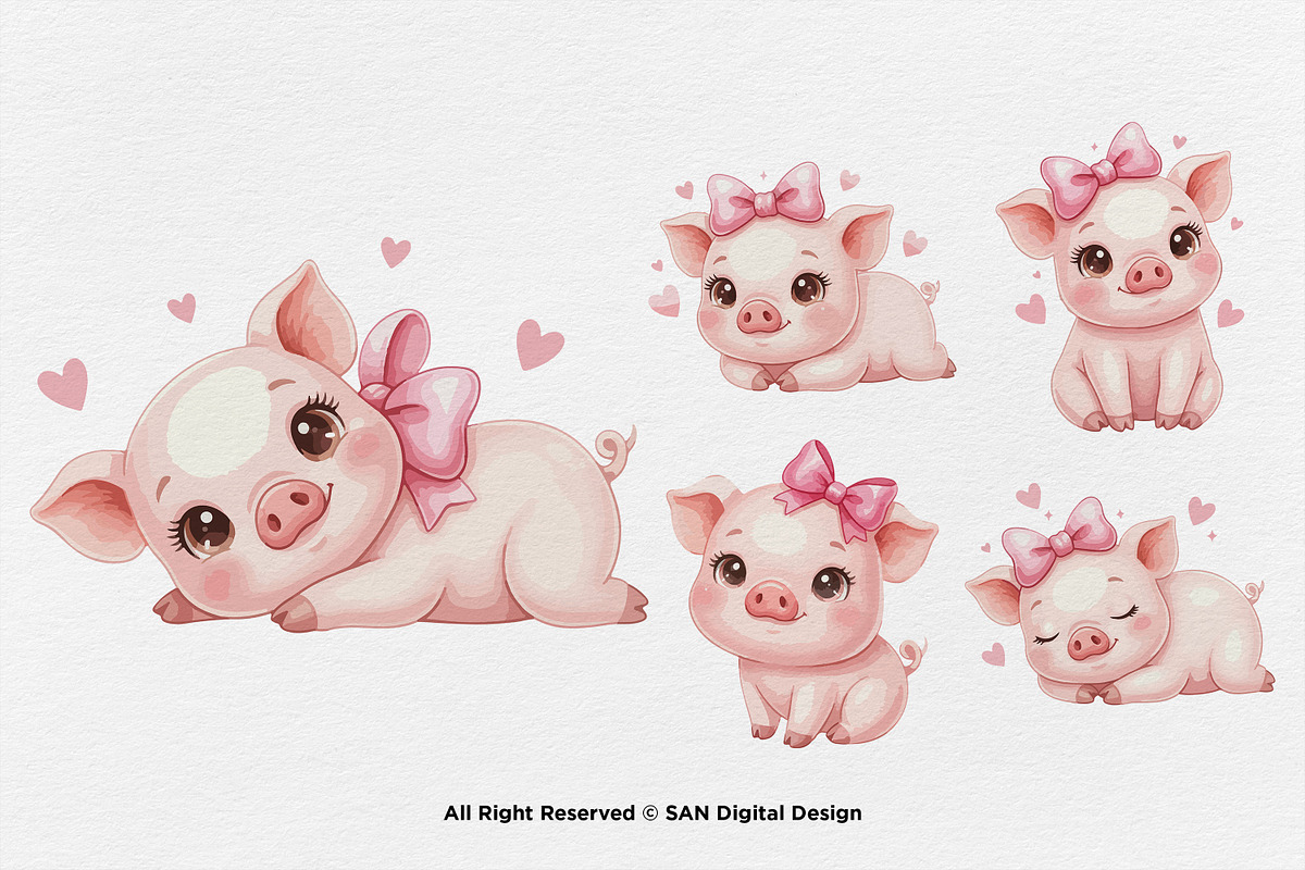 15 Bundle Watercolor Girl Pig Pink, an Animal Illustration by Morspective (Photo 7 of 8)