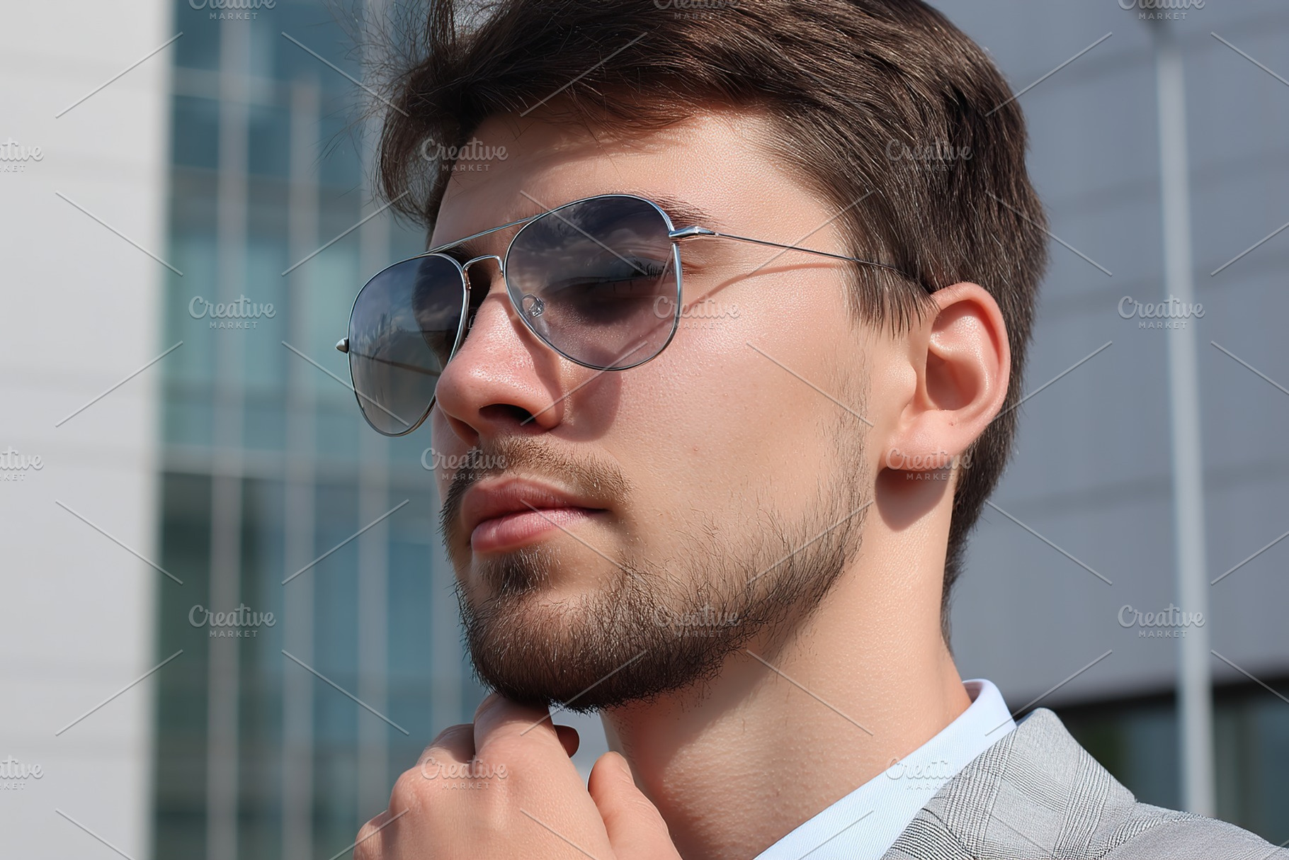 Young man in sunglasses poses confidently outside modern building during sunny, a Person Photo by AlyaAnd