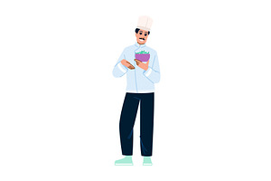 Smiling chef holding bowl with fresh, a Food Illustration by pikepicture