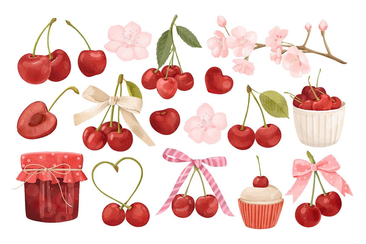 Watercolor Cherry and Bow Clipart, a Food Illustration by ArtGiftsStudio (Photo 2 of 6)