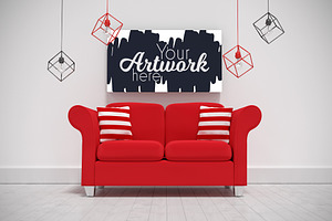 Canvas Hanging Over Sofa Mockup, a Poster Template by wavebreak
