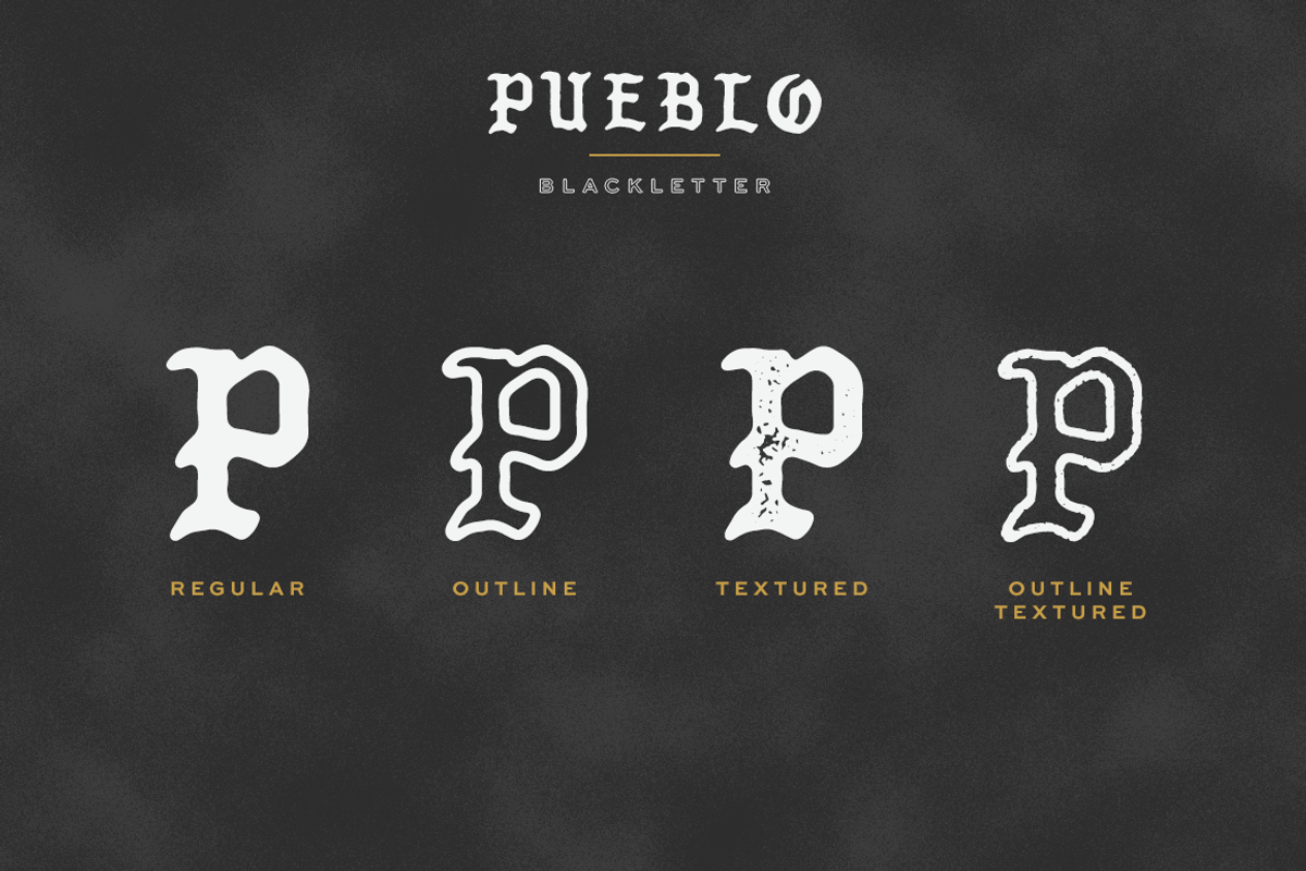 Pueblo Blackletter - 4 Styles, a Script Font by Millieangelo (Photo 2 of 8)