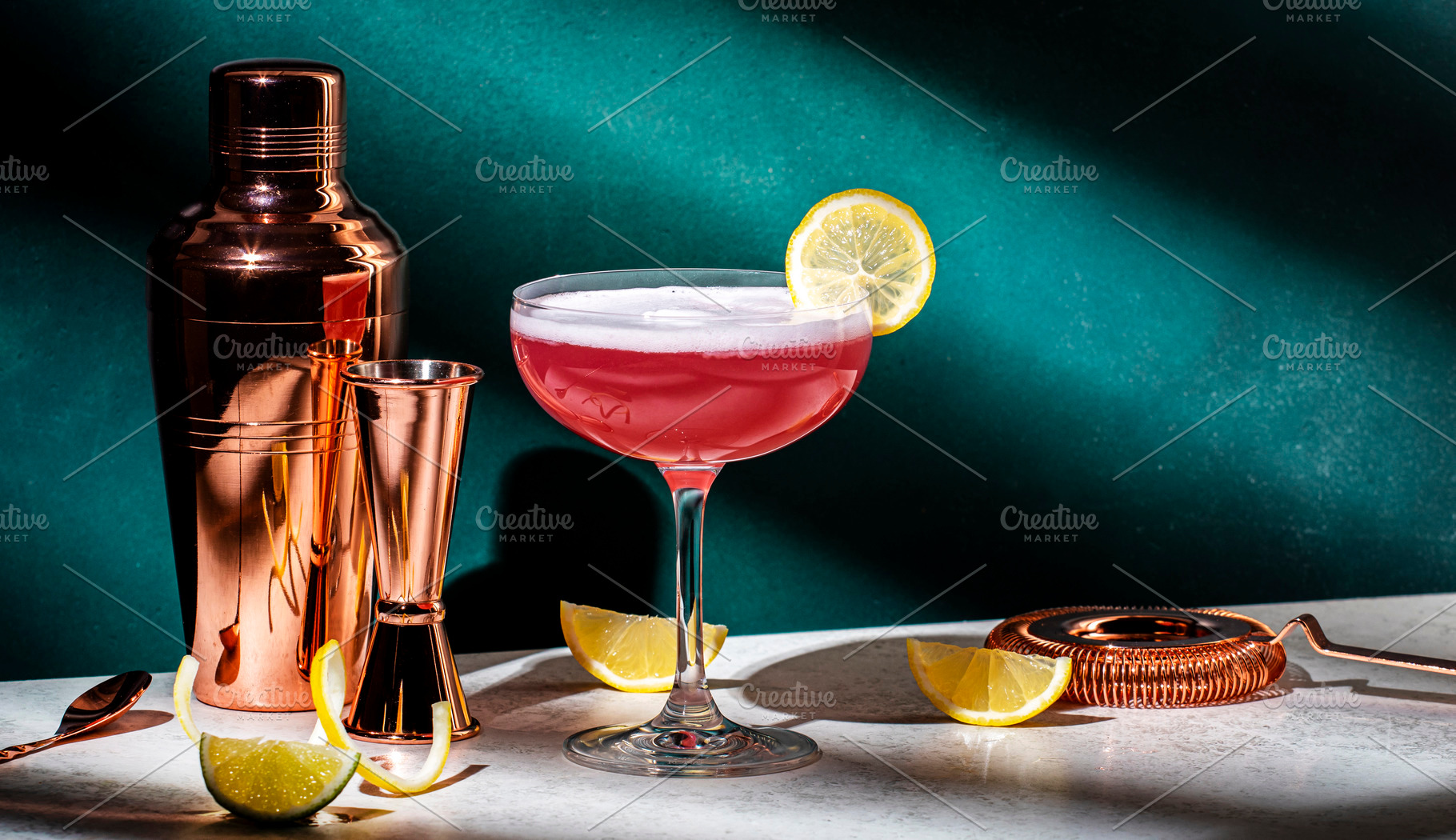 Pink lady alcoholic cocktail drink with gin, grenadine syrup, le, a Food & Drink Photo by 5PH
