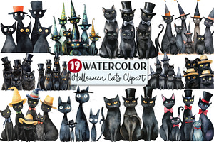 Quirky Black Halloween Cats Clipart, an Illustration by Rose Art