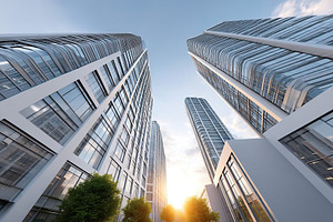 Modern skyscrapers towering against a clear blue sky at sunset in an urban sett, an Architecture Photo by AlyaAnd