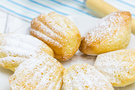 Sugar powdered madeleines on the white plate, a Food & Drink Photo by iuliia_n
