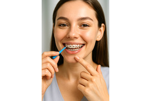 Smiling woman with braces using an, a Person Photo by Sergey Kotenev