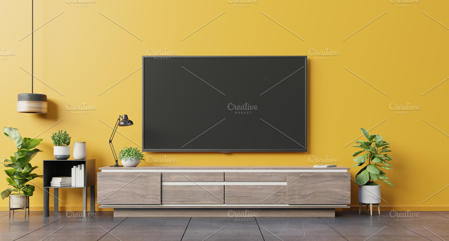 Tv on cabinet in modern living room featuring 3d rendering, apartment, and, an Architecture Photo by vanitjan