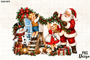 Santa Kids Decorating Christmas PNG