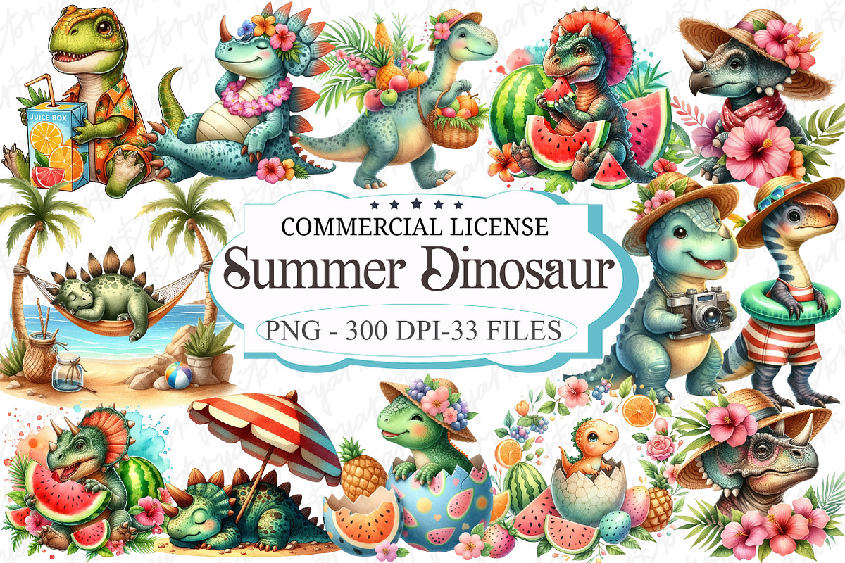 Summer Dinosaur Watercolor Clipart, a Graphic by designcity5 (Photo 1 of 5)