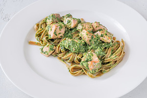 Salmon tagliatelle pasta, a Food & Drink Photo by Alexander Prokopenko