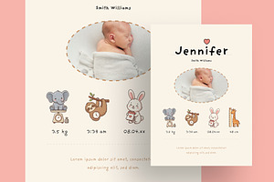 Cute Birth Card With Animal Icons, a Card Template by Filip Studio