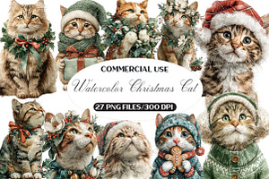 Watercolor Christmas Cat Clipart, a Seasonal Illustration by Black Bird Studio