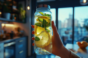 Hand holding a clear reusable bottle filled with lemon and mint, a Food & Drink Photo by AlyaAnd