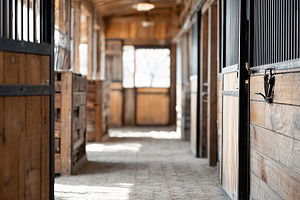 Sunlit rustic horse stable corridor, an Architecture Photo by MistyDay