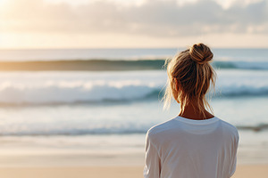 Rear view on a woman sits on beach, a Person Photo by MistyDay