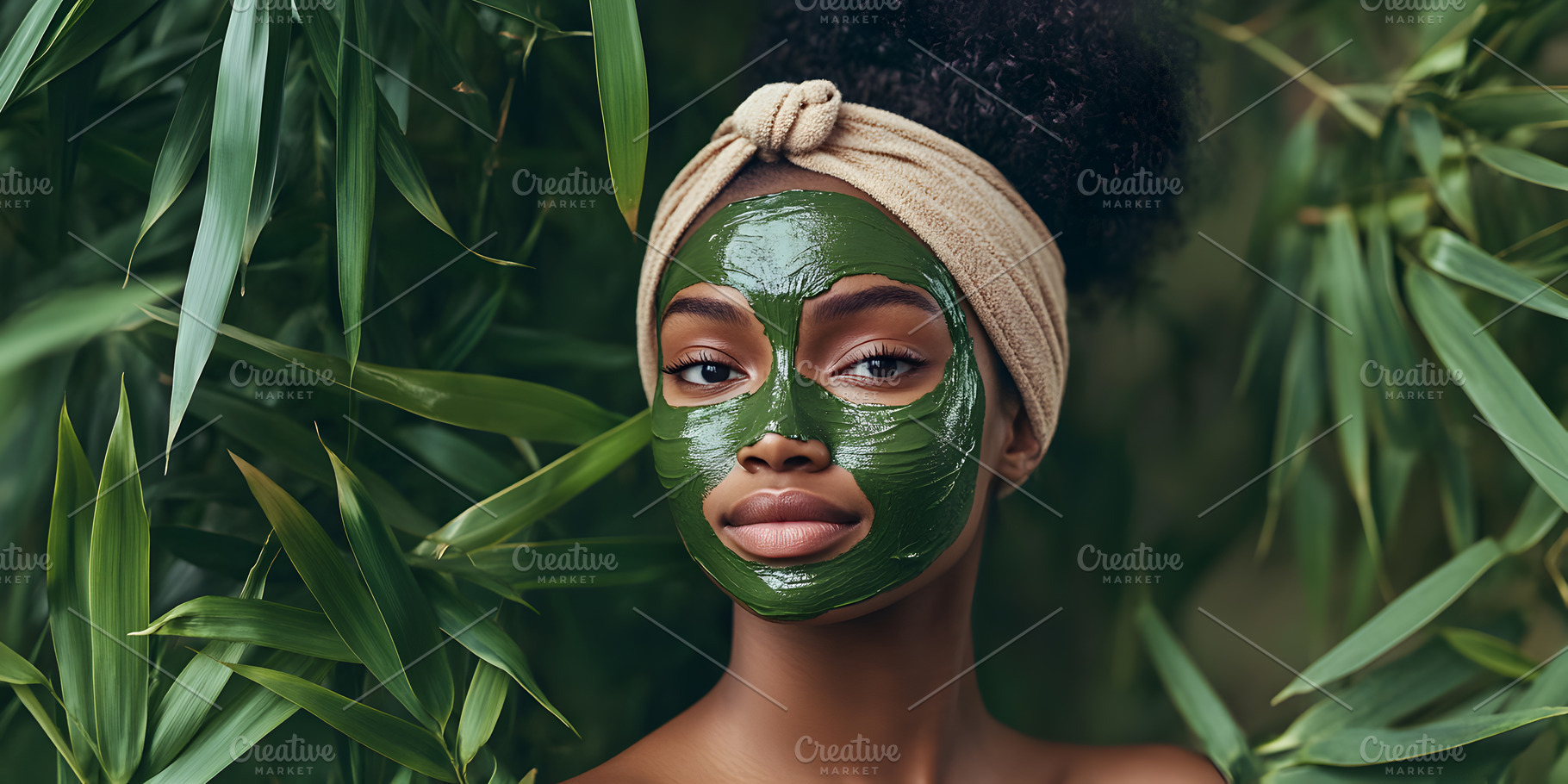 Woman with green facial mask in bamboo leaves, a Person Photo by Photostock