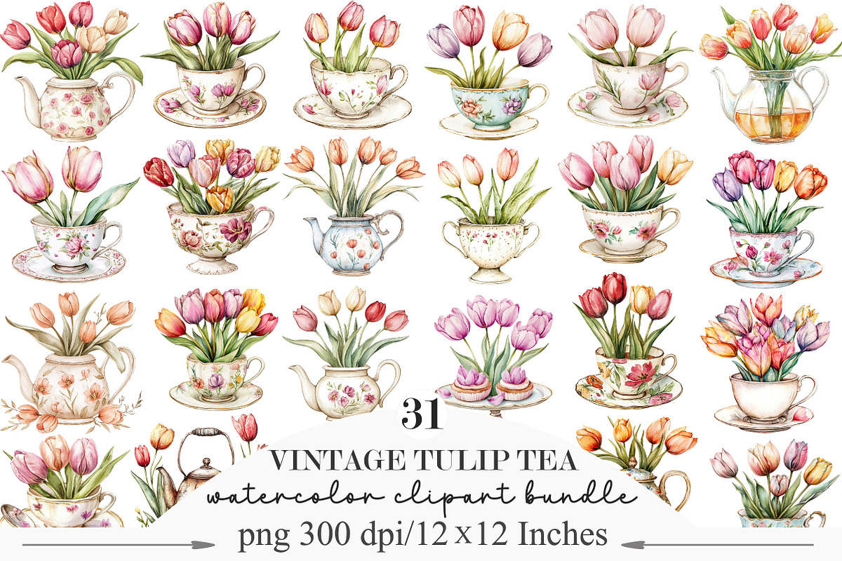 Watercolor Vintage Tulip Tea Time, an Illustration by Designking (Photo 1 of 5)