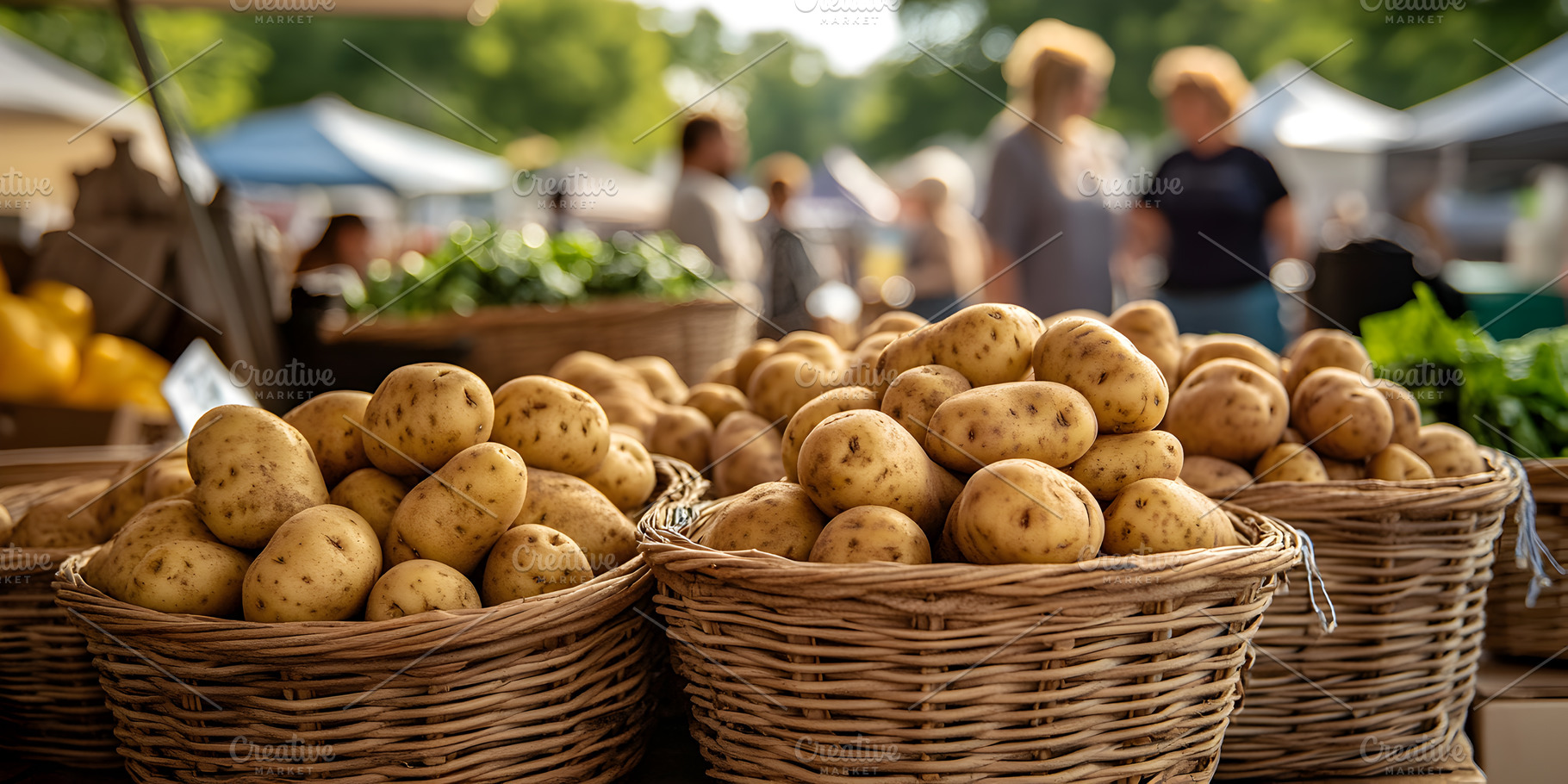 Fresh potatoes in baskets at farmers, a Food & Drink Photo by Photostock