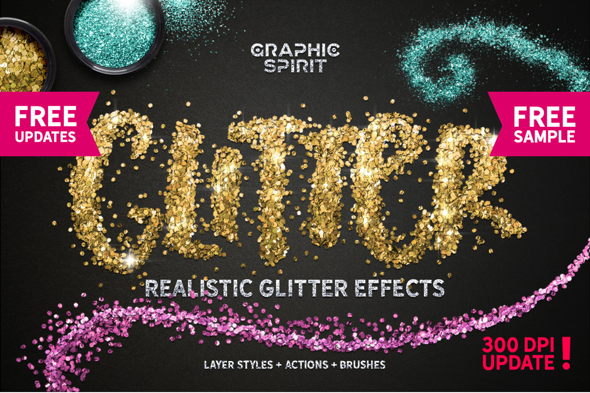 GLITTER PRO Styles, Actions, Brushes, a Layer Style Add-On by Graphic Spirit (Photo 1 of 12)