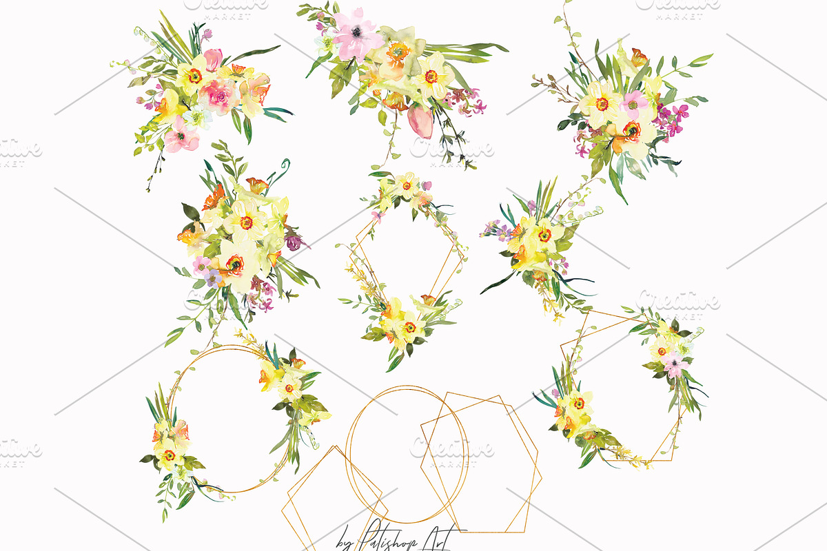 Watercolor Daffodil Bouquet & Frames, an Illustration by Patishop Art (Photo 6 of 7)