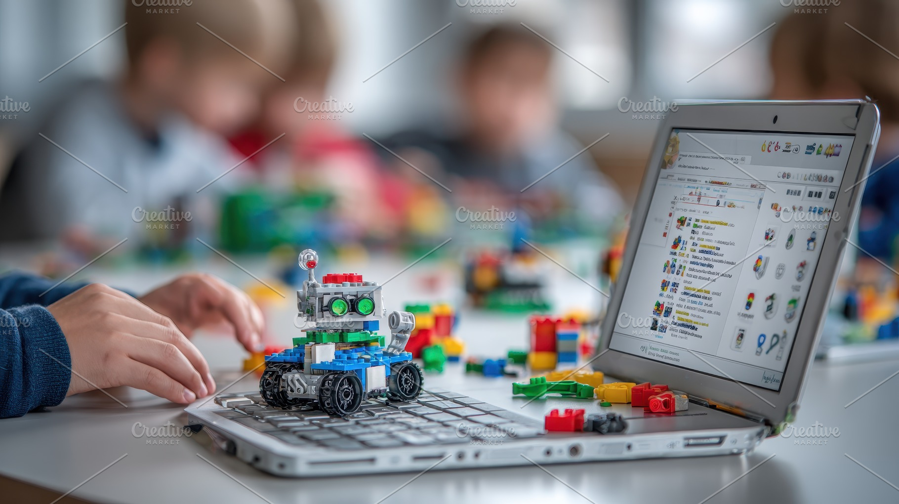 Child playing with Lego robot on lap, a Photo by Pixeness Studio