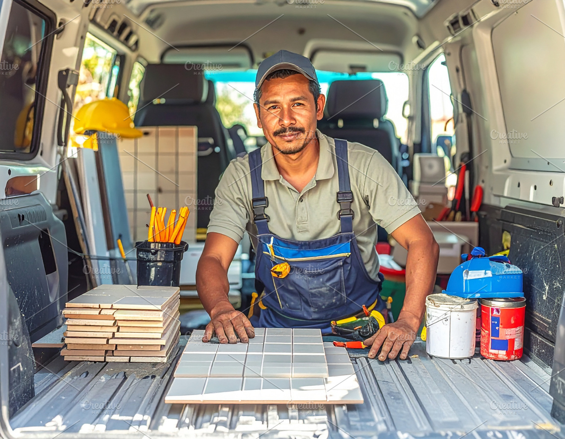 Tile mason organizing materials and tools in the van, a Person Photo by DanFLCreativo