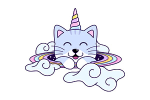 Unicorn Cat Head In Space Rainbow