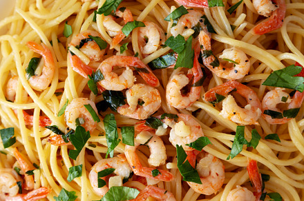Homemade Garlic Shrimp Scampi with Parsley on a Plate, top view., a Food & Drink Photo by LiudmylaChuhunova