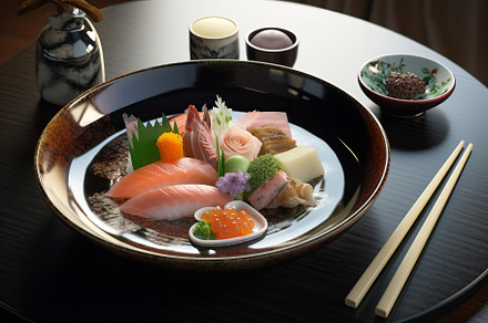 Asian flowers and food on black, a Food & Drink Photo by Ylivdesign