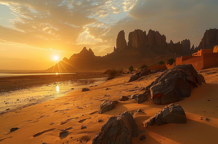 Golden Sunset Over Desert Landscape with Majestic Rock Formations and Tranquil, a Photo by AS photostudio
