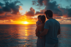 Family enjoying a sunset at the beac, a Photo by Tanuart