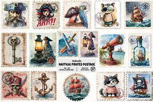 Nautical Pirates Postage Clipart, an Illustration by Pixels.Craft