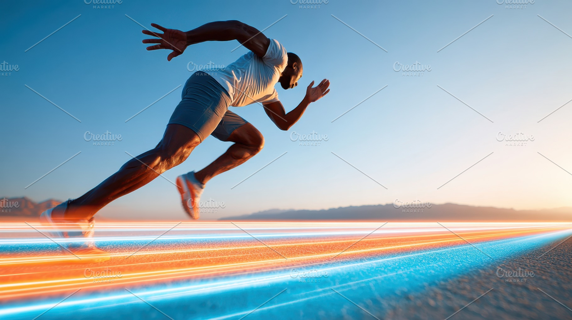 Dynamic runner with glowing light trails at sunset, a Sports & Recreation Photo by AlyaAnd