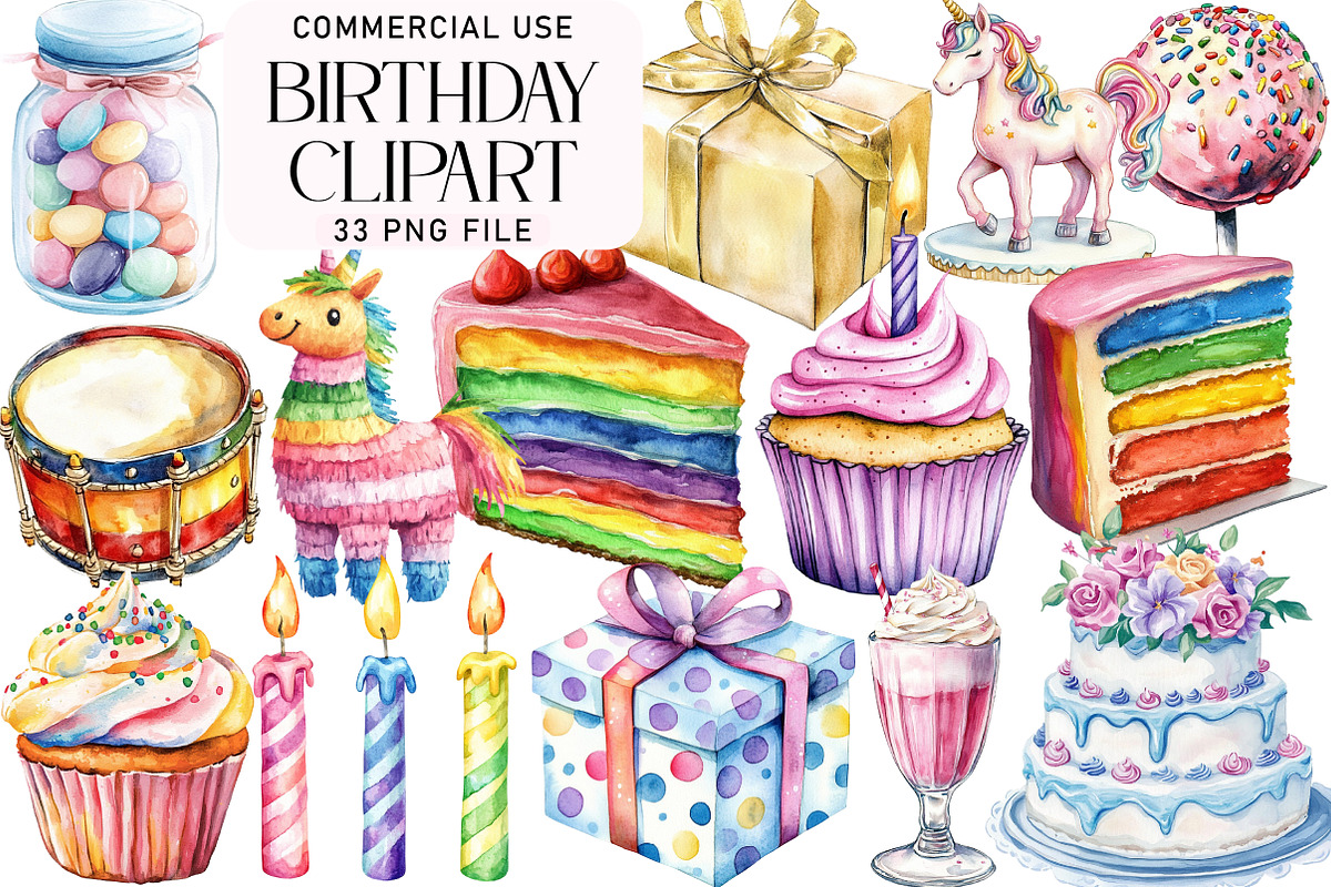 Watercolor Birthday Clipart, an Illustration by Daily.Designs (Photo 1 of 3)