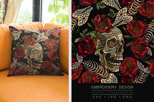 Human skull, fish bone and red roses