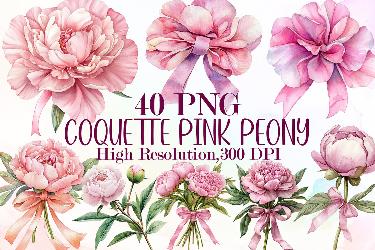 Watercolor Coquette Pink Peony Set, an Illustration by Sublimation Artist (Photo 1 of 6)