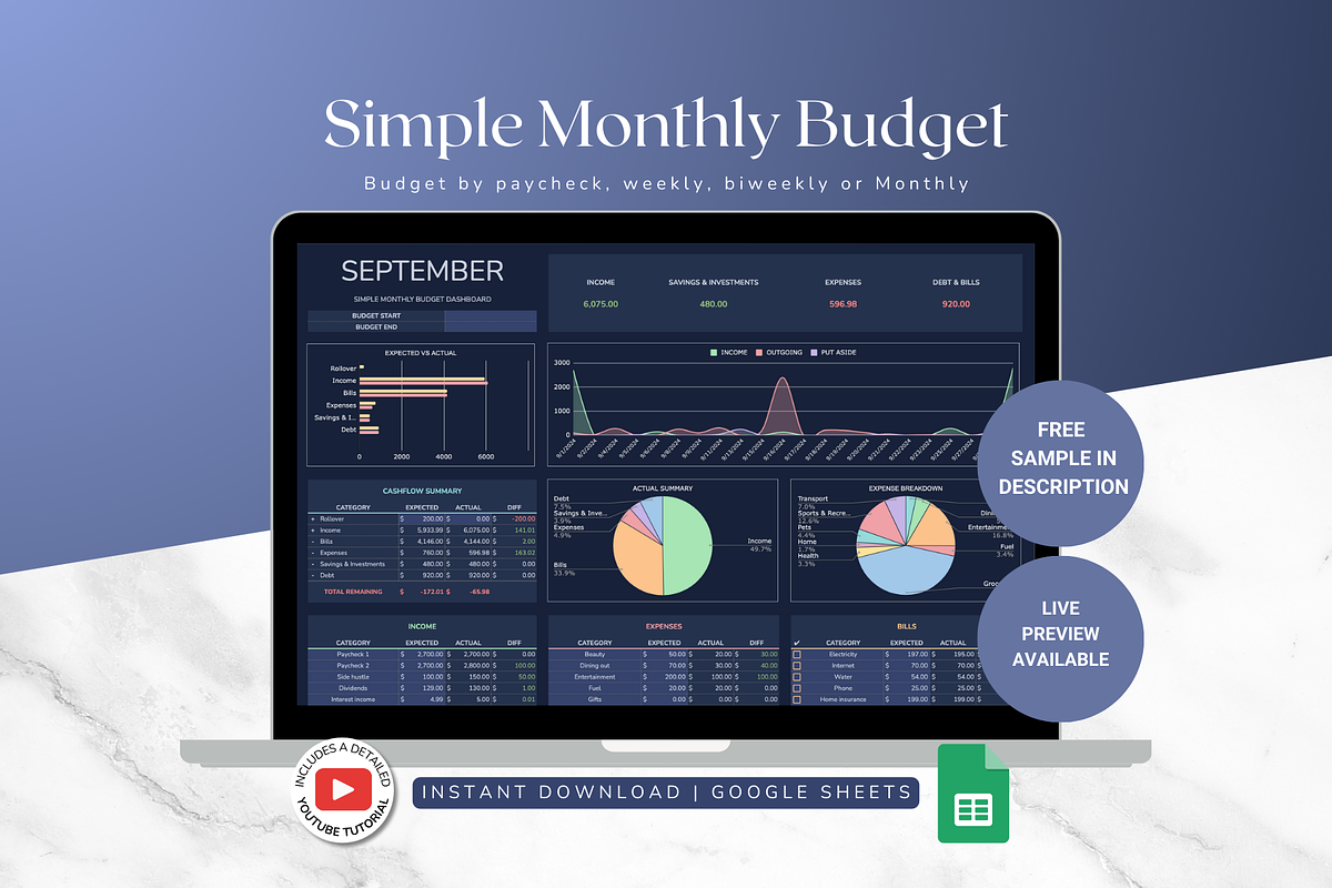 Simple Monthly Budget - Darkmode, a Templates & Theme by The Creative Plans co (Photo 1 of 10)