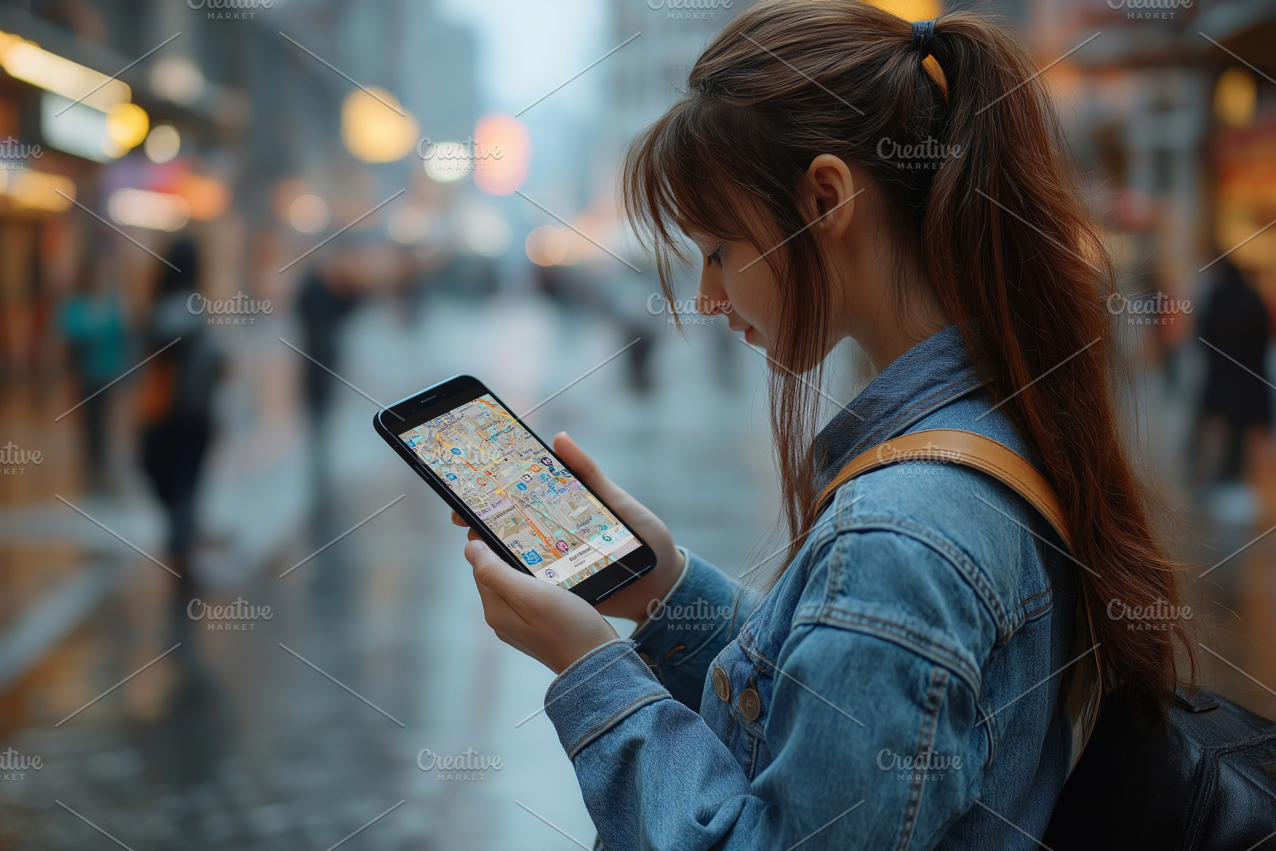 Young woman with long brown hair using a smartphone in a bustling urban street, a Person Photo by ImageMir